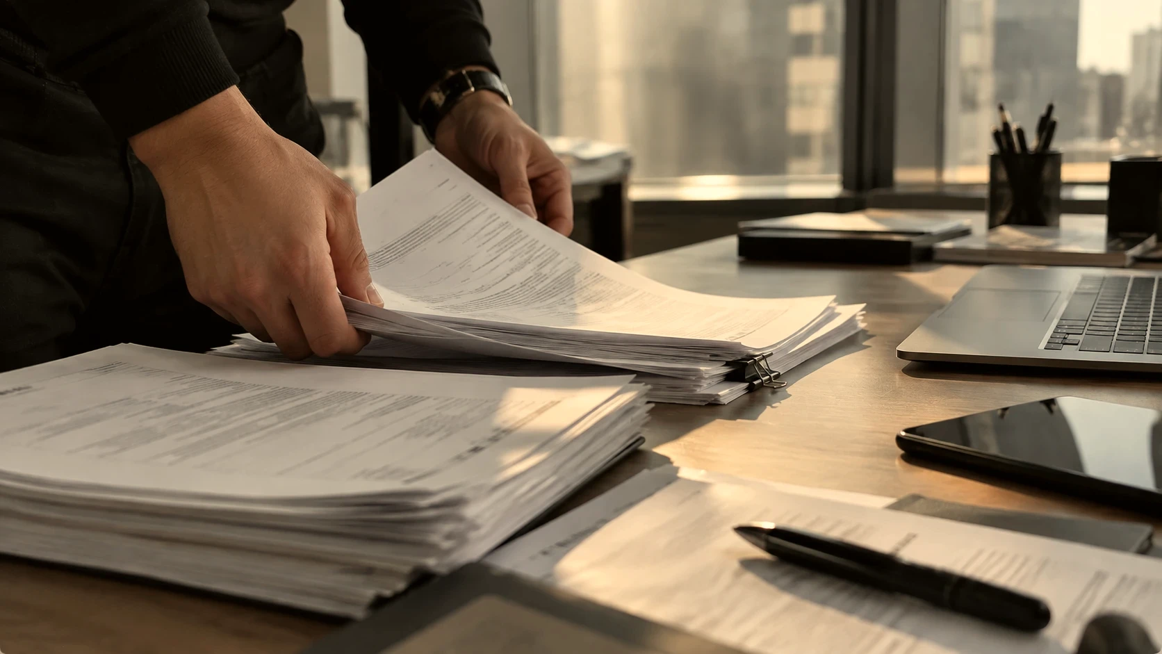 Hands sorting a stack of application documents