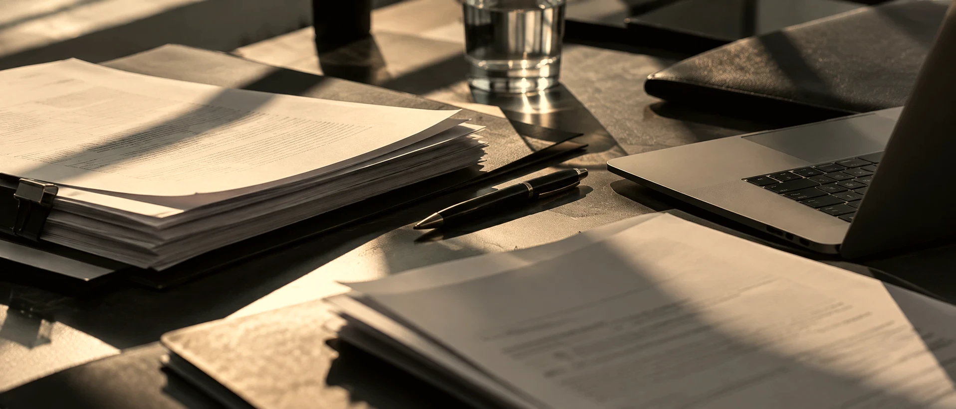 Documents, a pen and a laptop on a desk in low afternoon light