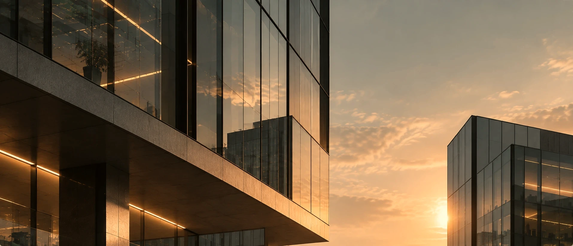 Glass office towers catching the evening sun