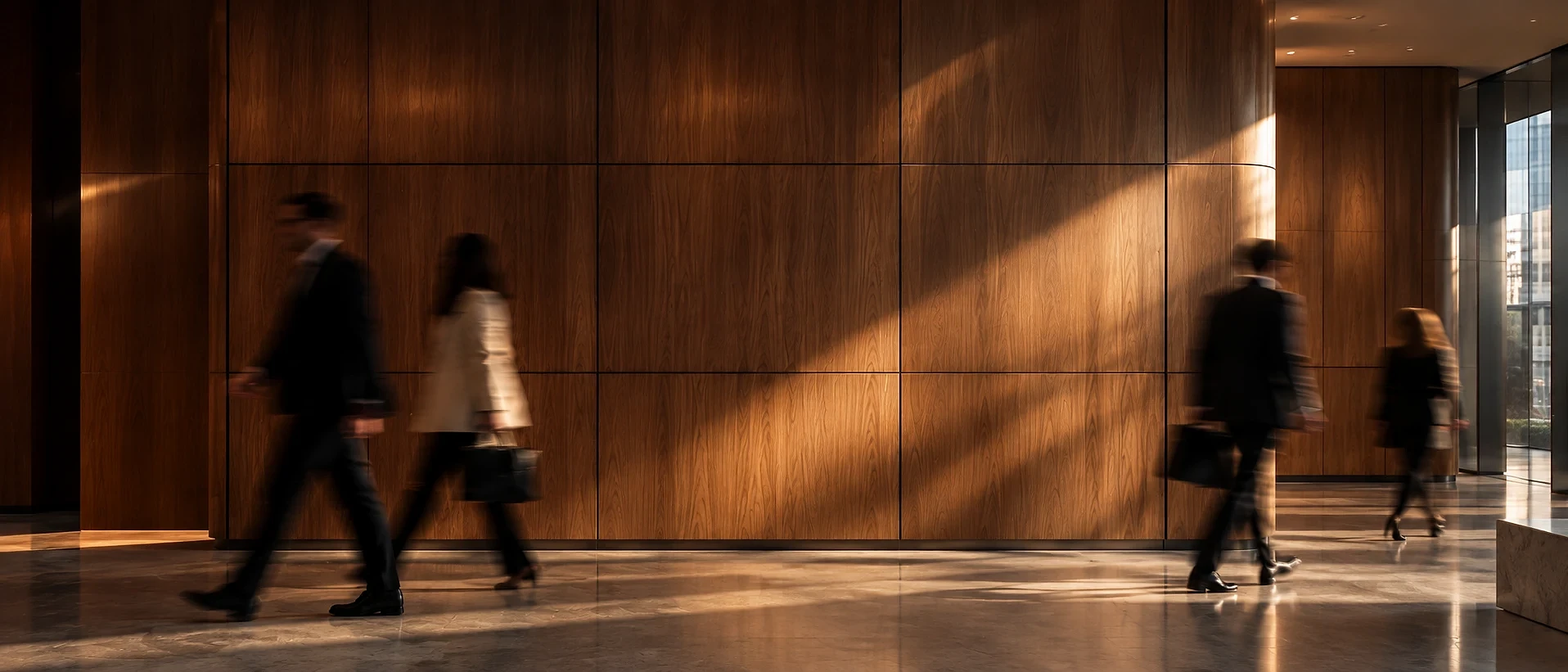 People walking past a warm wooden wall in an office lobby
